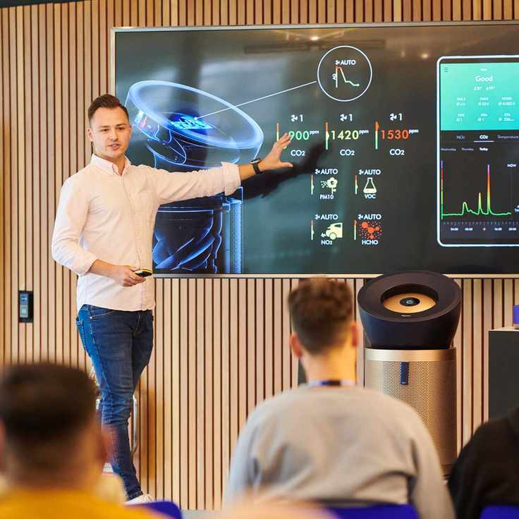 Sam Railton, category manager of Environmental Care at Dyson, presenting at a Dyson launch event in Malmesbury, UK