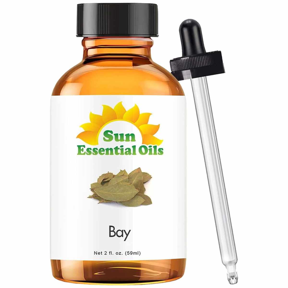 A brown glass bottle of bay leaf essential oil with a white label, black cap and pipette