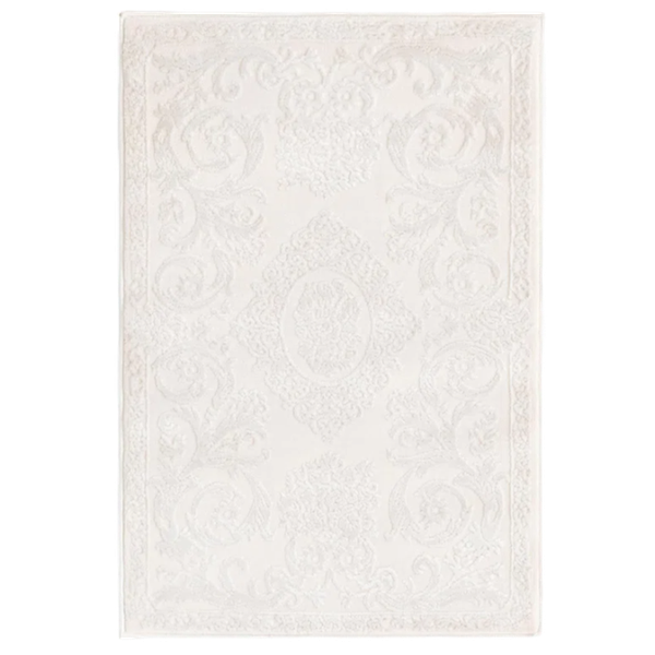 a rectangular ivory stain-resistant rug with a subtle floral design a slight shade darker