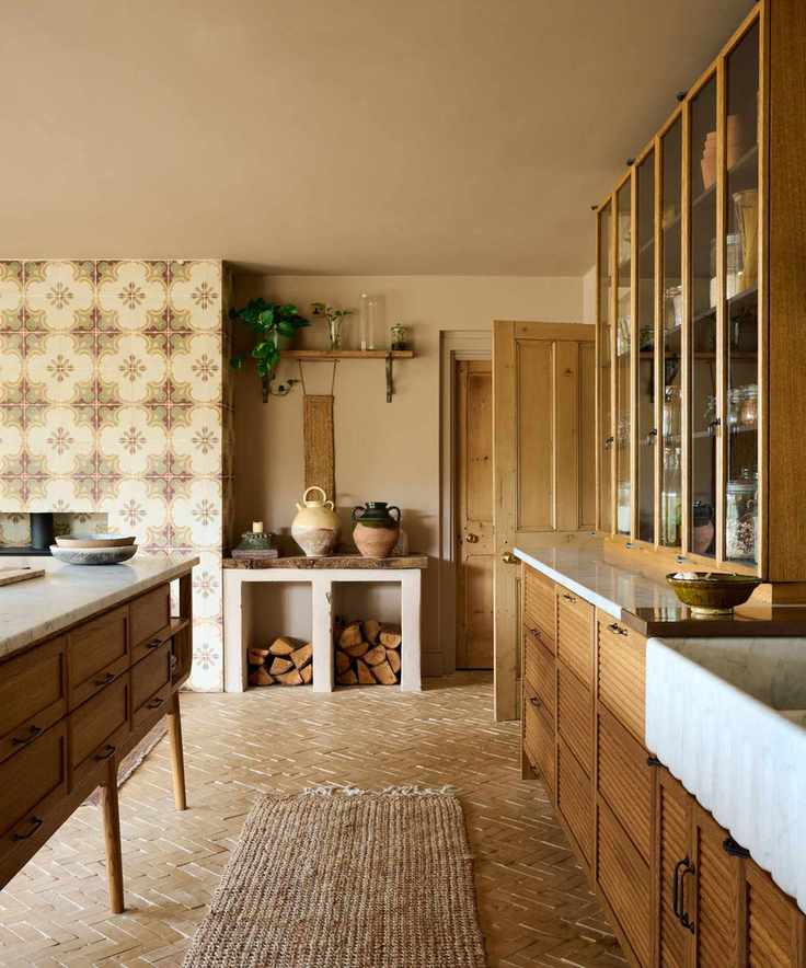 A Mediterranean style kitchen with a tiled wall, warm neutral wall color, wooden cabinets, and freestanding furniture decorated with vintage ceramics
