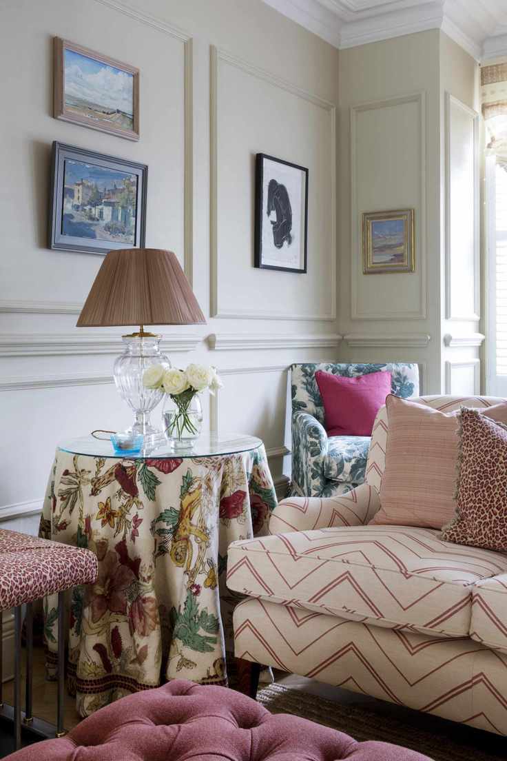 Sofa and cloth covered side table with lamp