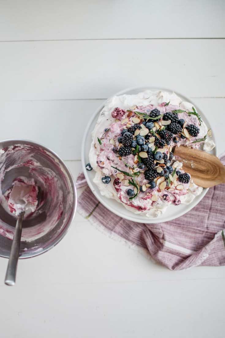 almond and blackberry cream pavlova