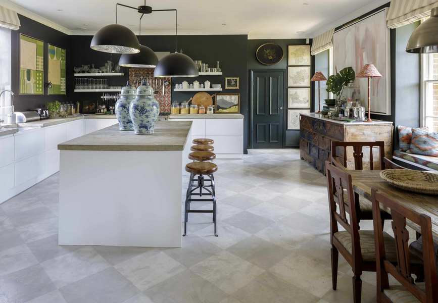 green and white kitchen with dark green walls and white walls, white units and island open plan shelving