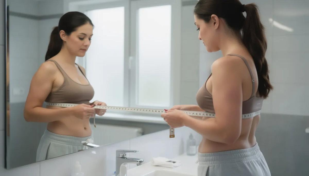 A woman is in front of a mirror, measuring her ribcage to assess her breast size for potential augmentation. The focus on her precise measurement indicates she’s exploring options for achieving her ideal breast size, possibly looking into C cup implants.