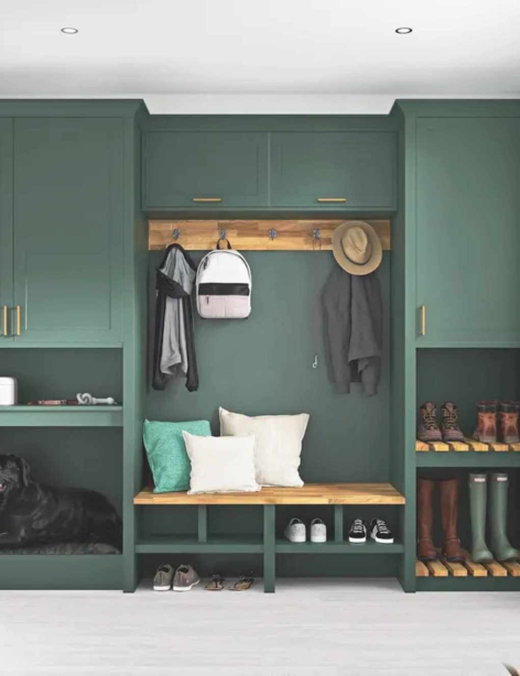 green boot room storage and bench