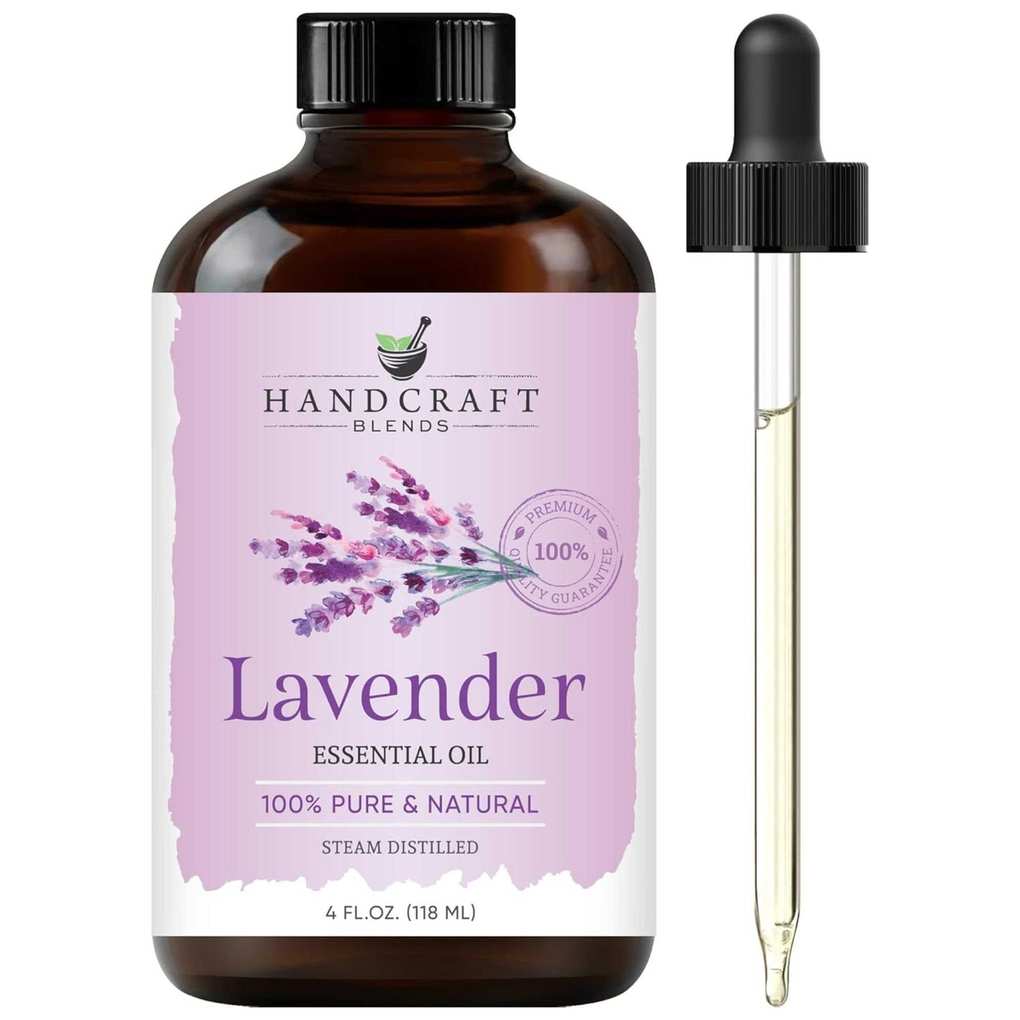 A brown bottle of lavender essential oil with a pink label and pipette