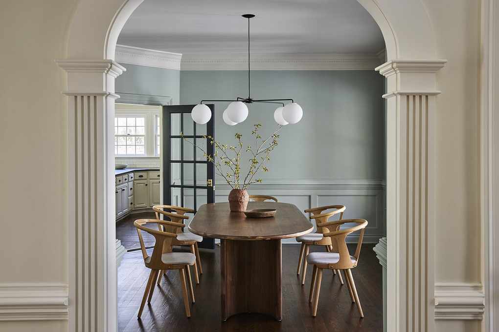 Dining room with blue wainscoting