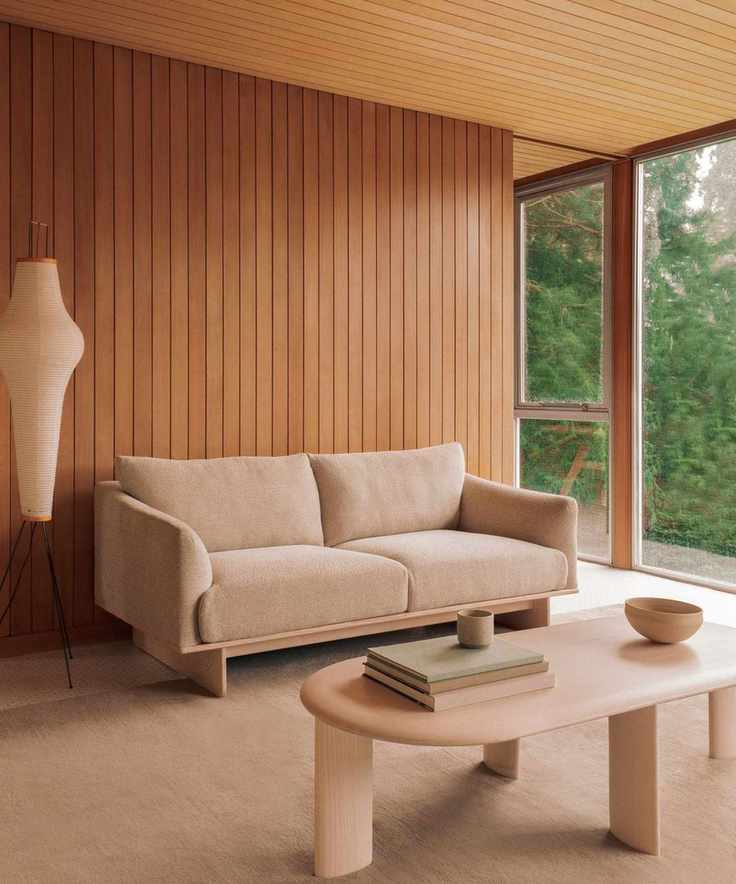 wood panelled ceiling and walls in japandi sitting room