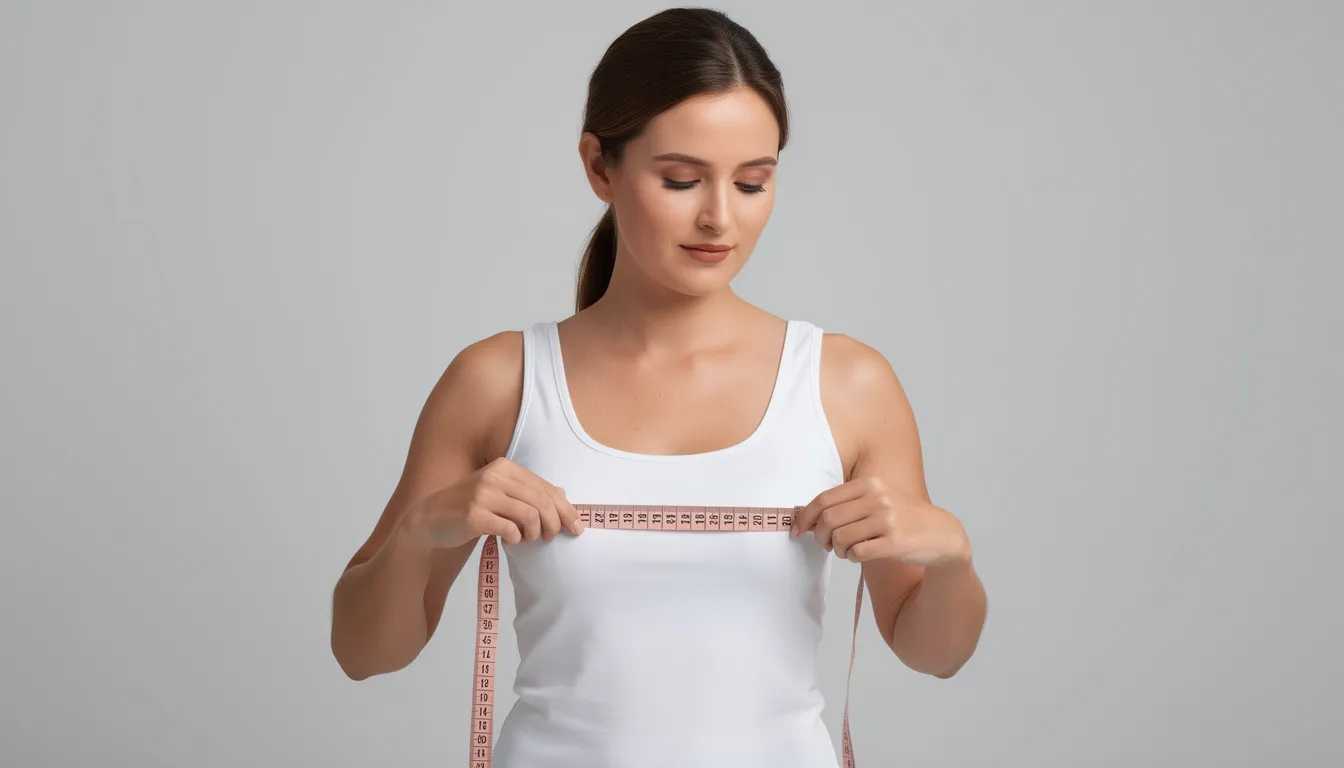 A woman measuring her bust with a soft tape measure, focusing on finding her correct bra size for support and comfort. The image highlights the significance of accurate measurements to alleviate issues like shoulder and back pain.