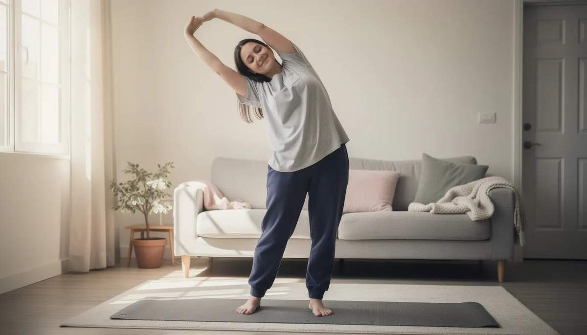 A woman is stretching in comfortable casual clothing, exuding confidence with relaxed body language. Her outfit appears stylish and suitable for everyday wear, emphasizing a sense of comfort that many women seek, especially when wearing thongs to avoid panty lines.