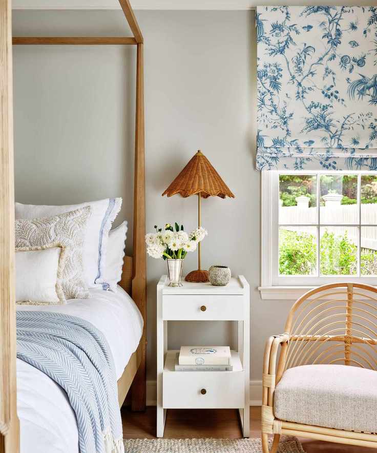 Neutral spring bedroom with rattan furniture.