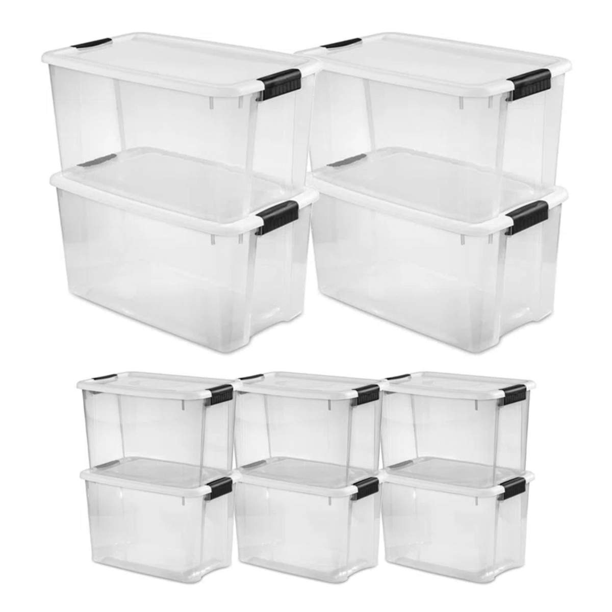 A set of clear plastic storage bins with black latches