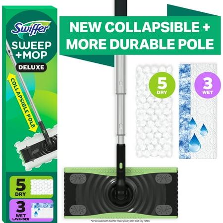 Swiffer Sweep and Mop Deluxe, 2-In-1 Mopping and Sweeping Kit, Multi-Surface Floor Cleaning, Kit Includes 1 Sweeper Device, 5 Heavy Duty Dry Sweeping Cloths, 3 Heavy Duty Wet Mopping Cloths