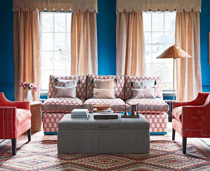 Modern living room with blue walls