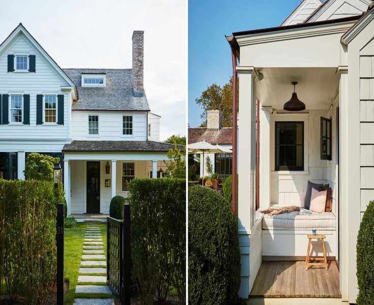 Two images of Bryan Graybill's Hamptons home from the front with a gate and of the veranda and seating area