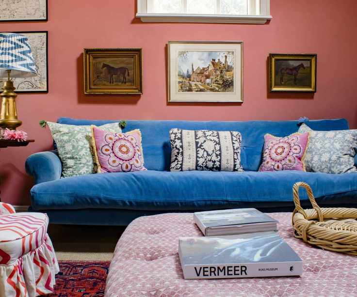 Living room with cushions made from antique textiles