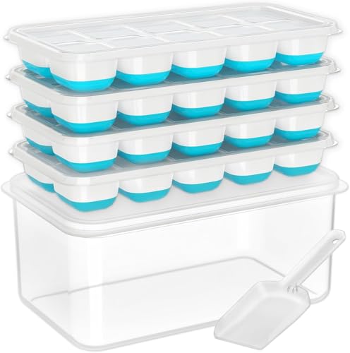 Doqaus Ice Cube Tray With Lid and Bin - 4 Pack Silicone Ice Cube Trays for Freezer, Stackable Ice Bucket Kits With Storage Container &amp; Scoop for Kitchen, Rv, Cocktail, Coffee