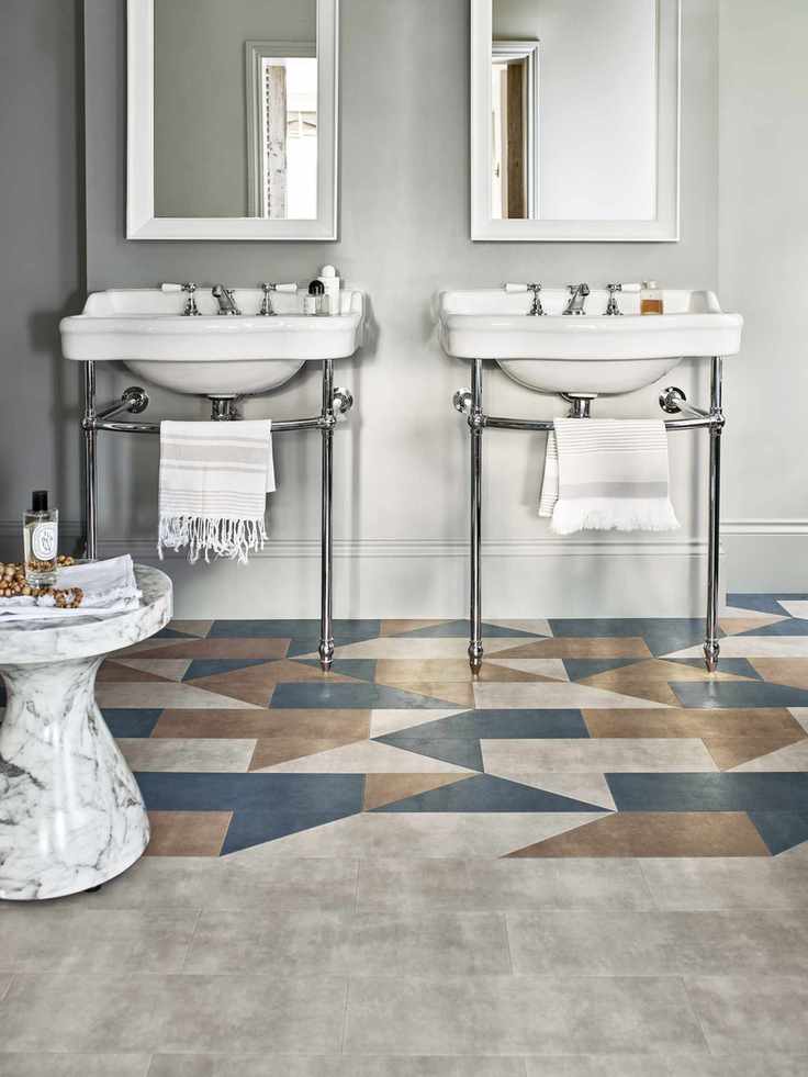 two vanity units with mirrors, vinyl flooring with partial pattern