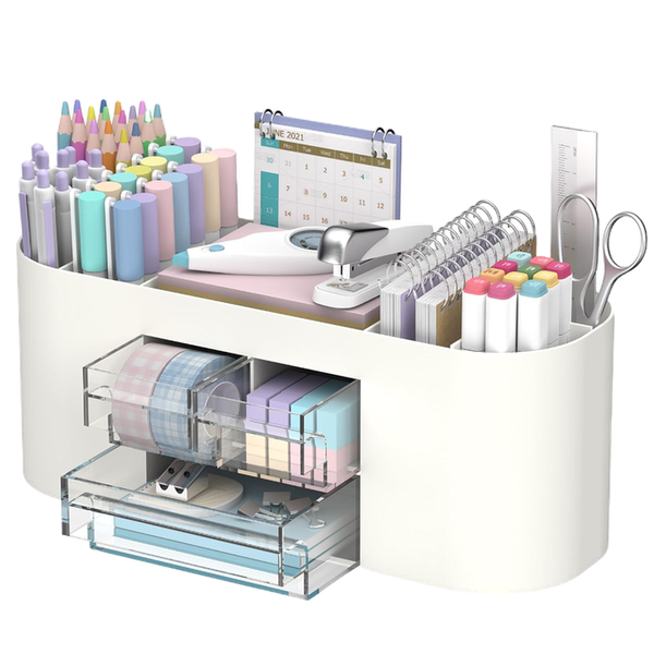 a stock photo of a white desk organizer caddy for stationary with 10 compartments for pens, post-its and more