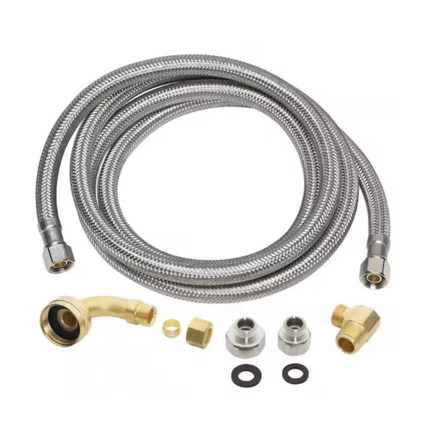 Everbilt stainless steel dishwasher connector and parts against white background.