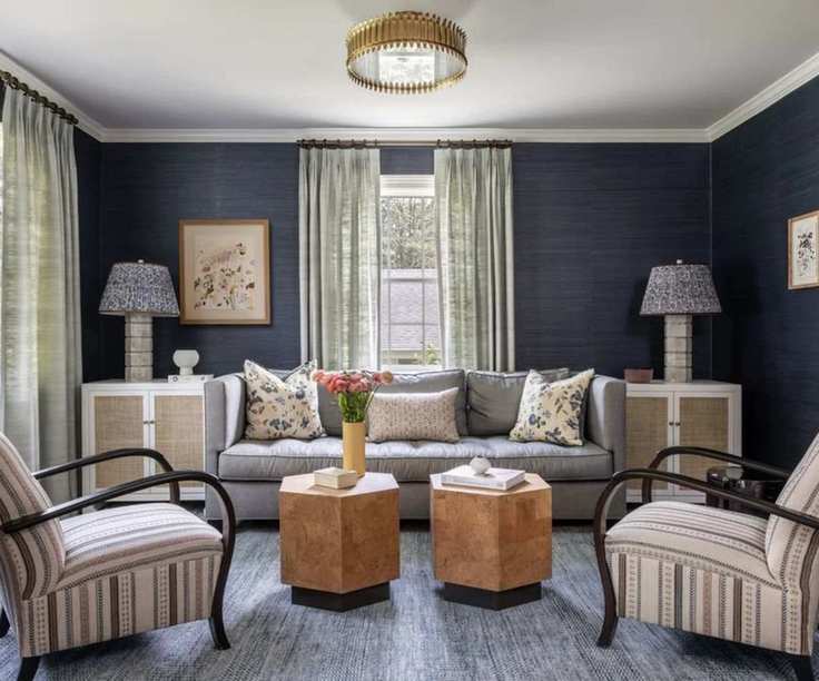 a sitting room with blue grasscloth walls, a blue couch, matching side tables on either side with lamps on top, two tables in the center of the room, and two chairs on either side