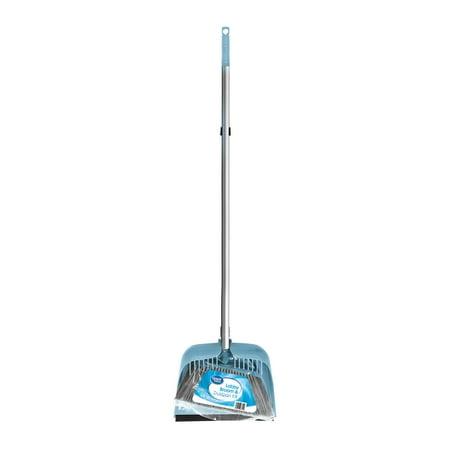 A long handled broom with a light blue dustbin