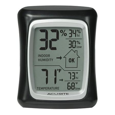 A small rectangular hydrometer and thermometer for home. Black framed, digital display