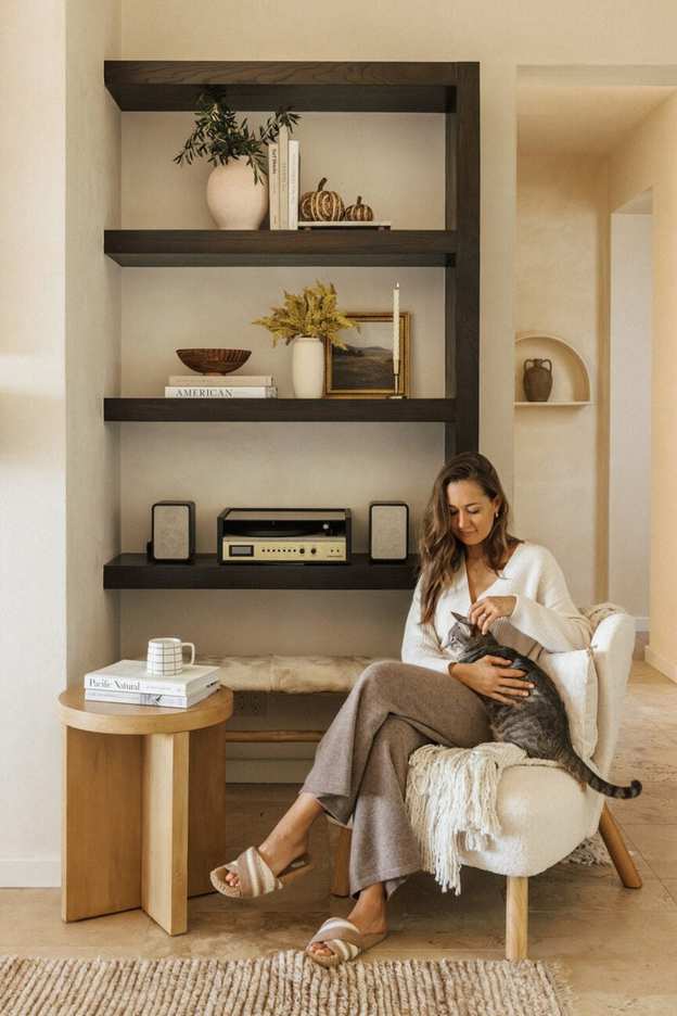 Cozy fall living room with a cat.