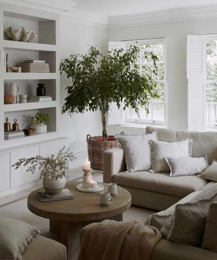 A large cloud sofa with a large olive tree, round wooden coffee table, and full styled bookshelf