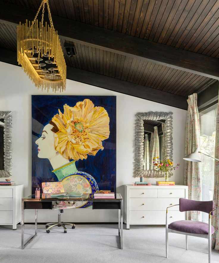 Stylish study with a dark wooden ceiling