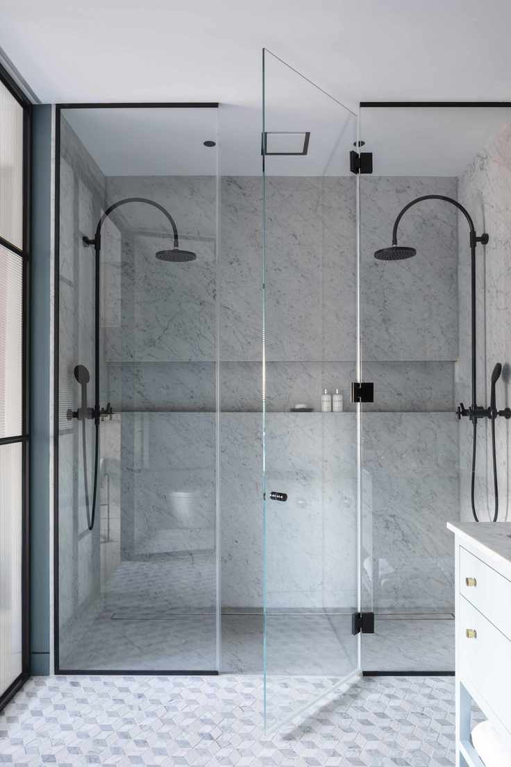 Double shower, tiled floor
