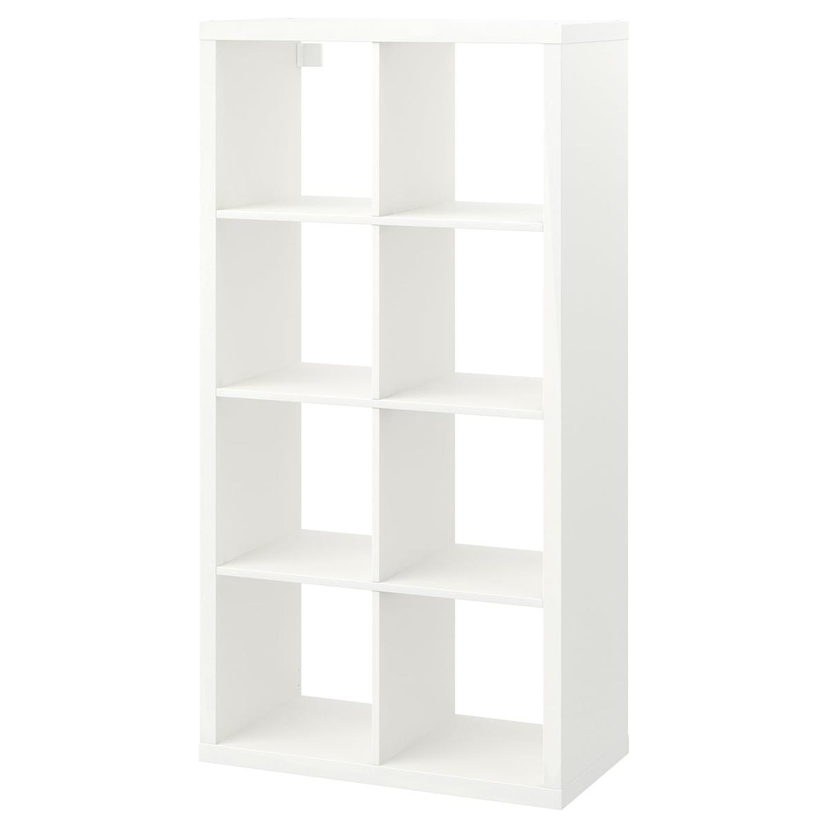 A white open shelving unit with square cubby holes