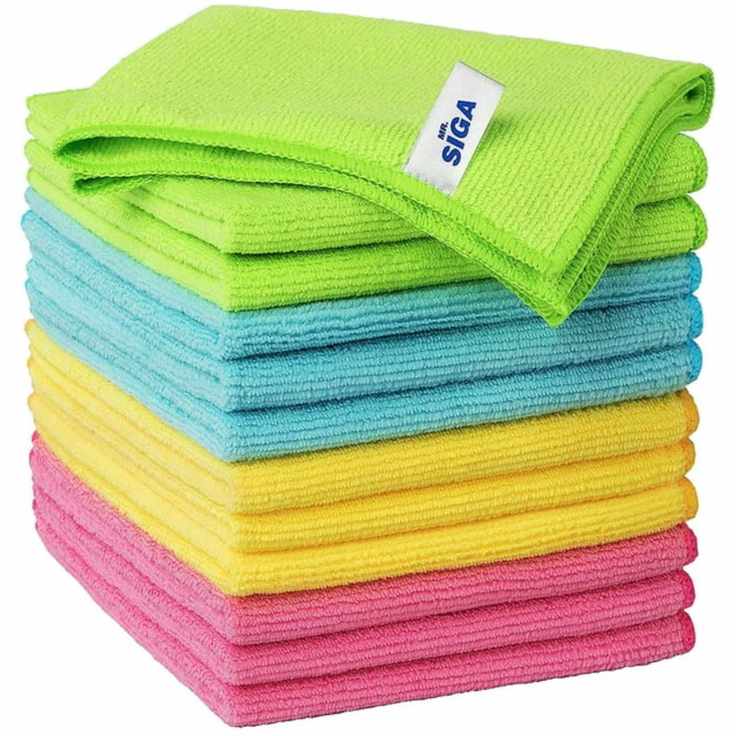 A stack of microfiber cloths in pink, yellow, blue, and green