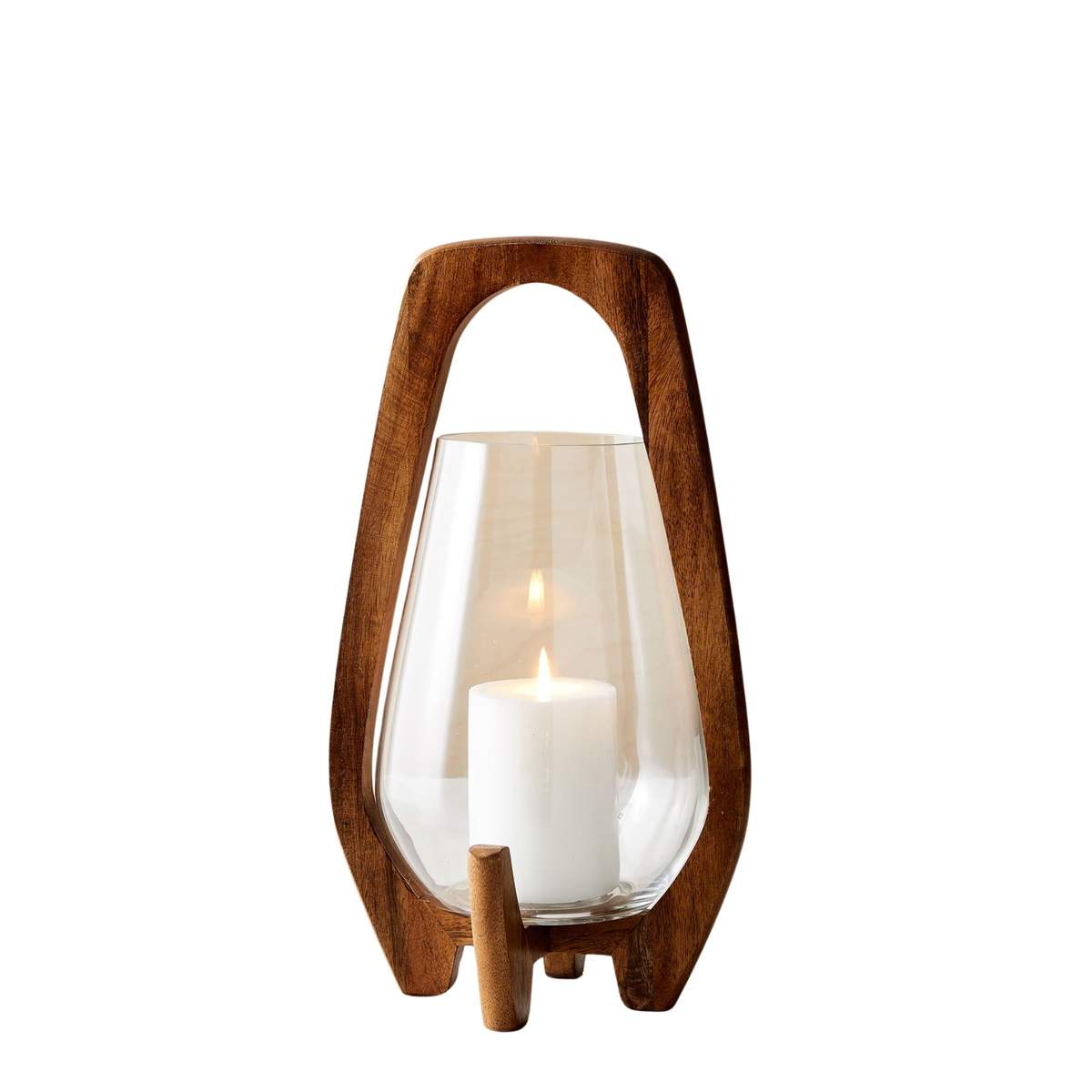 a candle lantern with a wood frame and a glass vessel