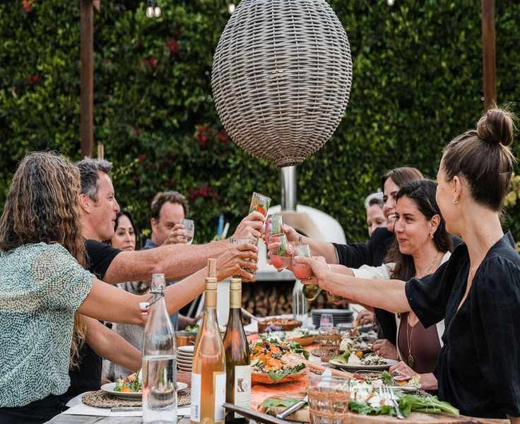 cheers - toast with wine - summer dinner party, fresh veggies