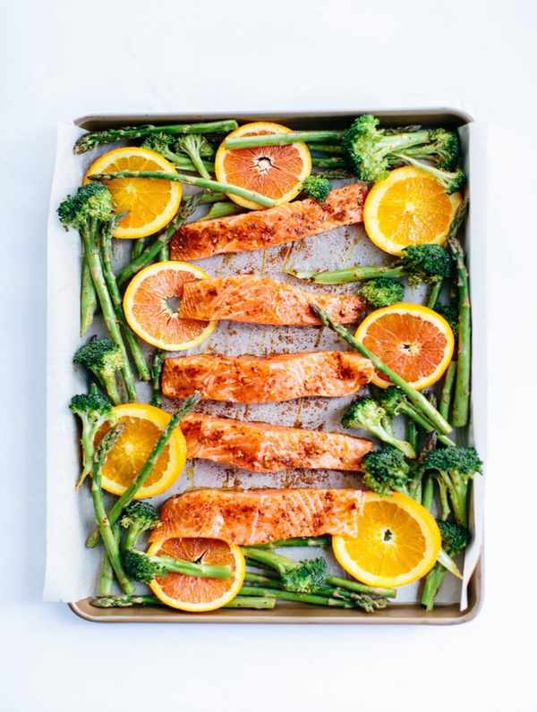 chili-orange salmon on a sheet pan