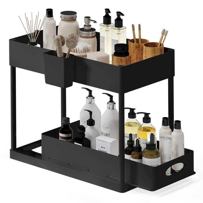 2 Tier black Organizer With Sliding Drawer and side caddy for brushes