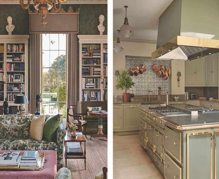 (Left) A cozy library with built-in bookshelves, a verdant floral sofa, and a large window overlooking a park; (Right) A spacious kitchen featuring sage cabinetry, a sizable island with brass details, and a blue tiled backsplash adorned with copper pots.