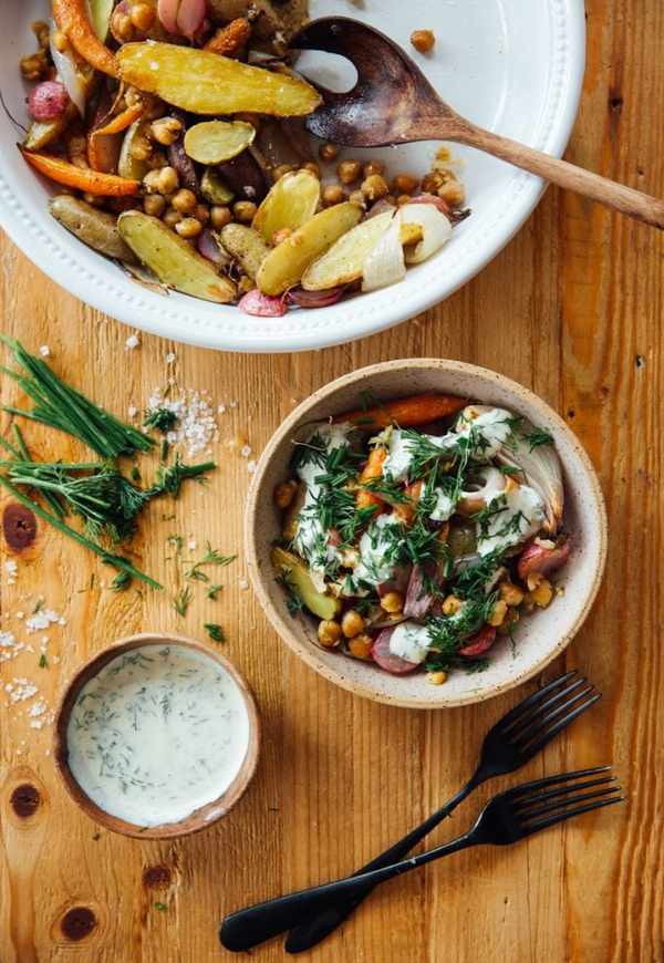 Sheet Pan Spring Veggie Bowl with Yogurt and Herb Dressing