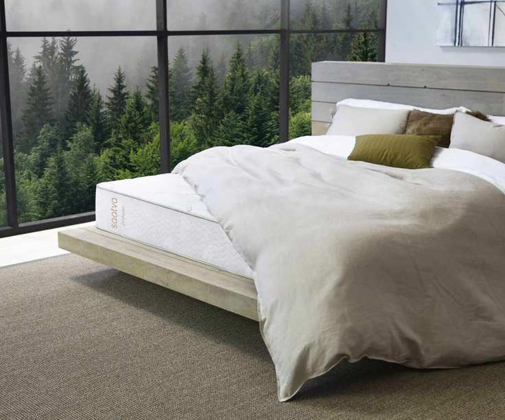 Saatva Zenhaven Latex Mattress against windows with a forest view.