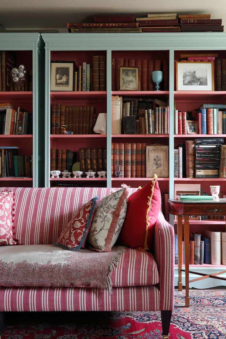 Shelves decorated with books and artwork