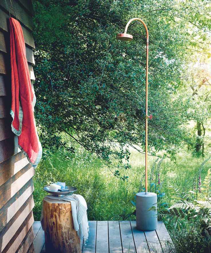 Freestanding shower on wooden decking