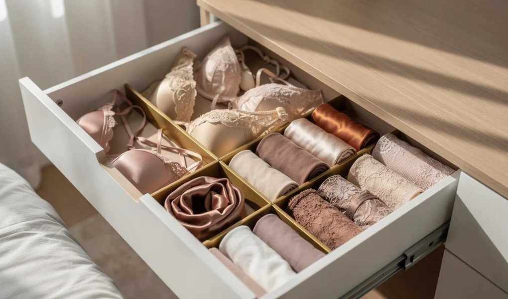 The image showcases a beautifully organized lingerie drawer filled with neutral-toned intimate apparel, including comfortable bras, lace bralettes, and stylish panties, all demonstrating a perfect fit and extensive size selection. The luxurious fabrics and careful arrangement underline the quality and variety of women's lingerie available, emphasizing the importance of selecting the right bra for all-day support.