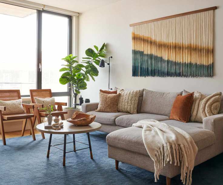 neutral apartment living room with a neutral corner sofa and touches of orange and blue with a large blue rug, orange cushions, and a fringed orange and blue wall hanging