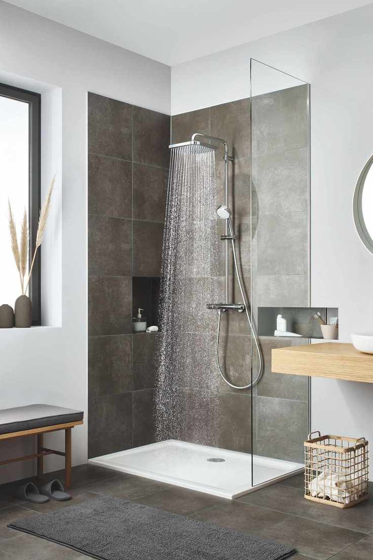 Grohe Tempesta shower tiled in gray, illustrating how to choose a shower that will help save water.
