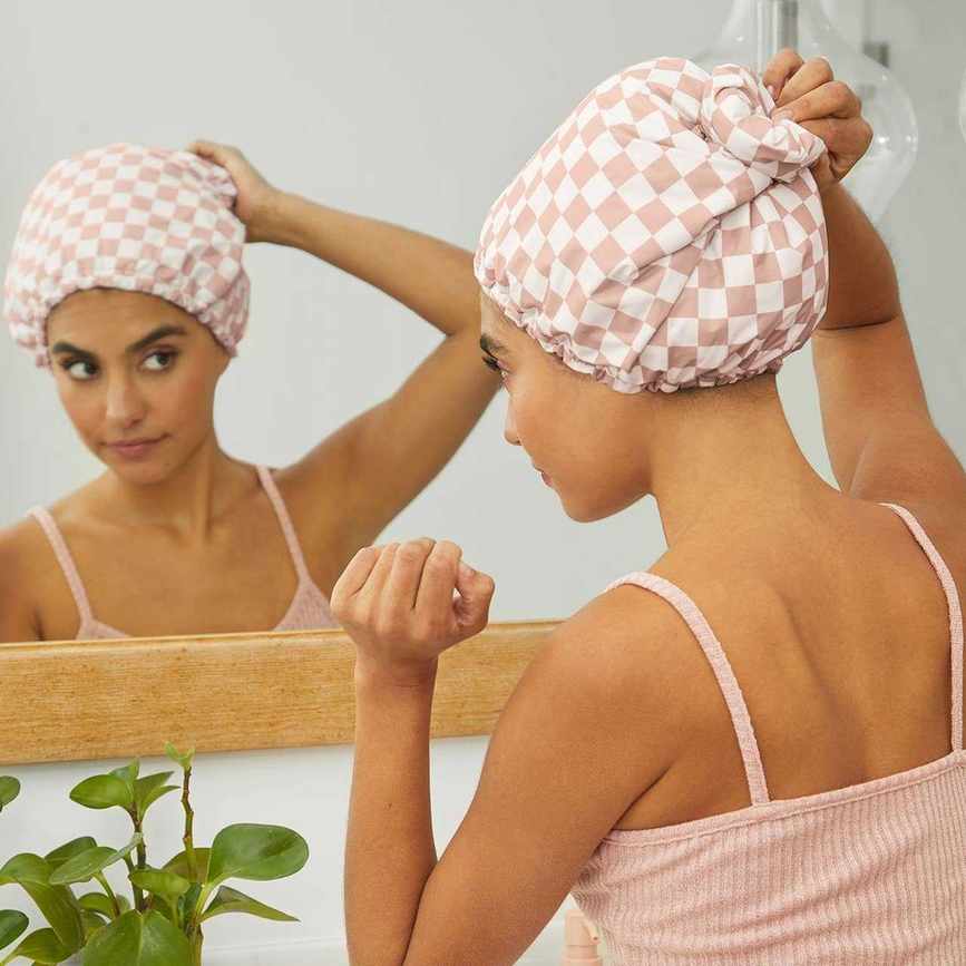 Terracotta Checker Satin Lined Flexi Shower Cap