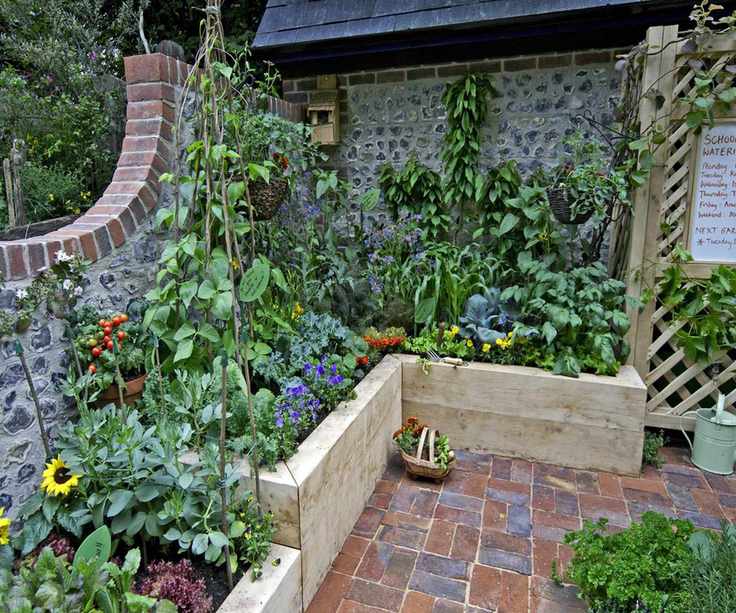 An attractive corner raised bed in a small garden planted with flowers and vegetables