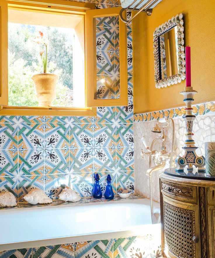 Blue and yellow bathroom