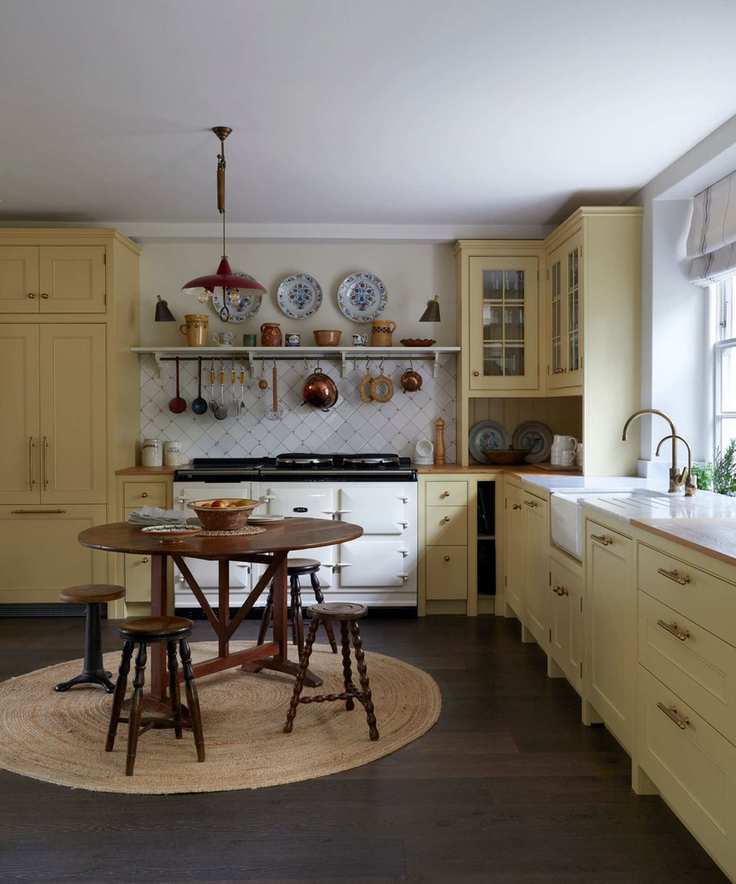 A midimalist kitchen with yellow cabinetry and traditional elements