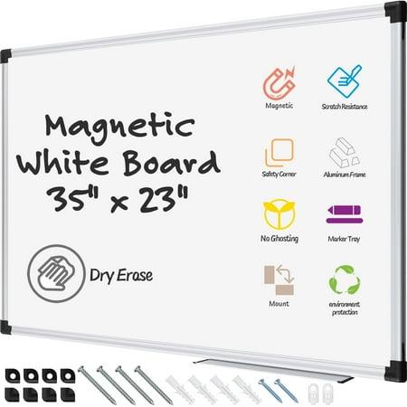 A large whiteboard with magnetic pens and wall mounting screws.
